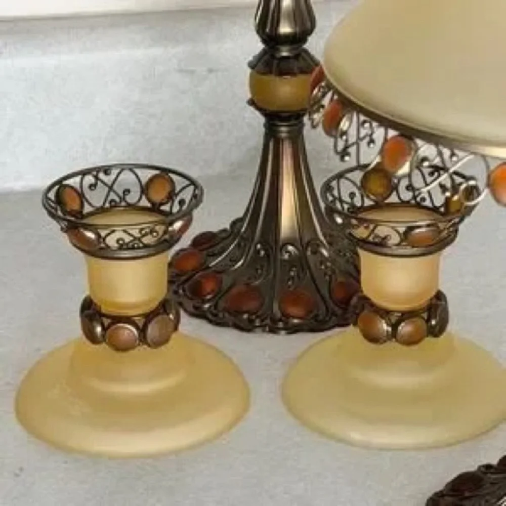 Classic Amber Glass and Bronze Table Lamp Set - Elegant Home Accents